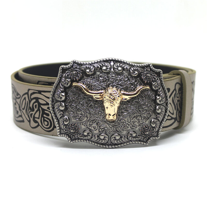 Embossed belt with body, shallow gold cow head buckle, carved cow head large plate buckle, artistic retro belt