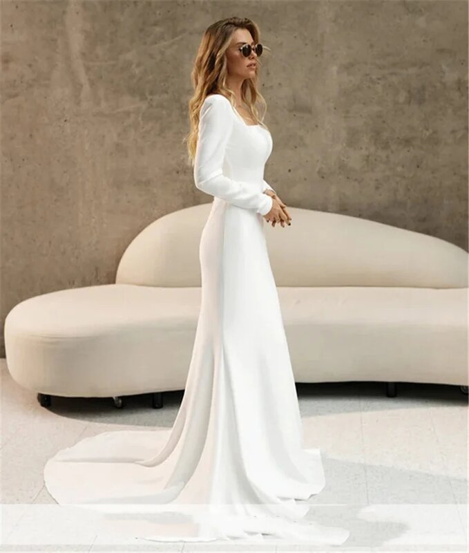 Gaun pernikahan Satin elegan 2024 untuk wanita lengan panjang gaun pengantin kerah persegi putri duyung jubah mewah 2023 gaun pengantin wanita