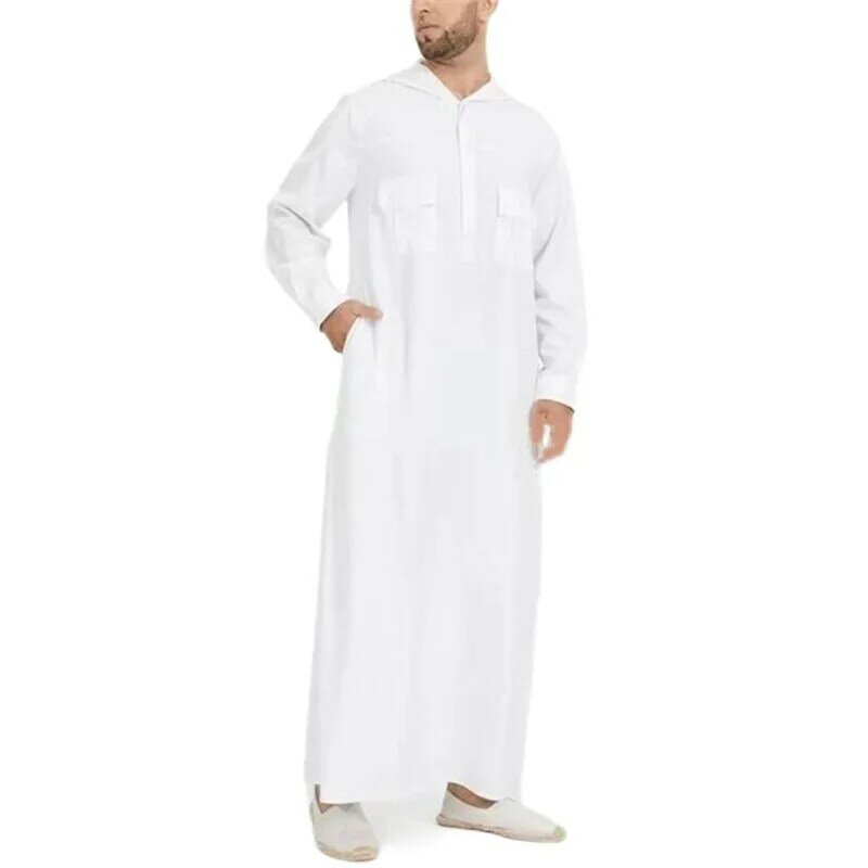 Jalabiya baju Muslim longgar pria, baju saku bertudung lengan panjang sepergelangan kaki warna polos