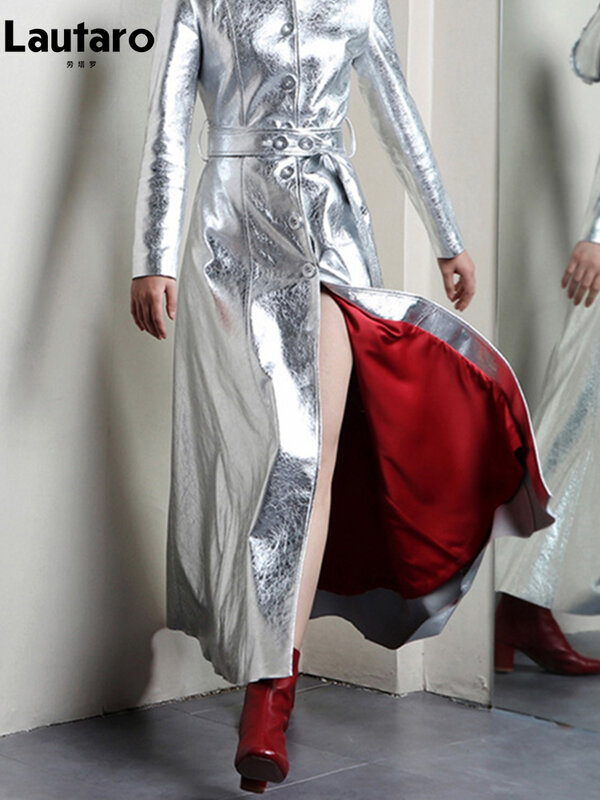 Lautaro-女性のための光沢のある反射合成皮革のトレンチコート,フード付きの豪華なファッション,春秋