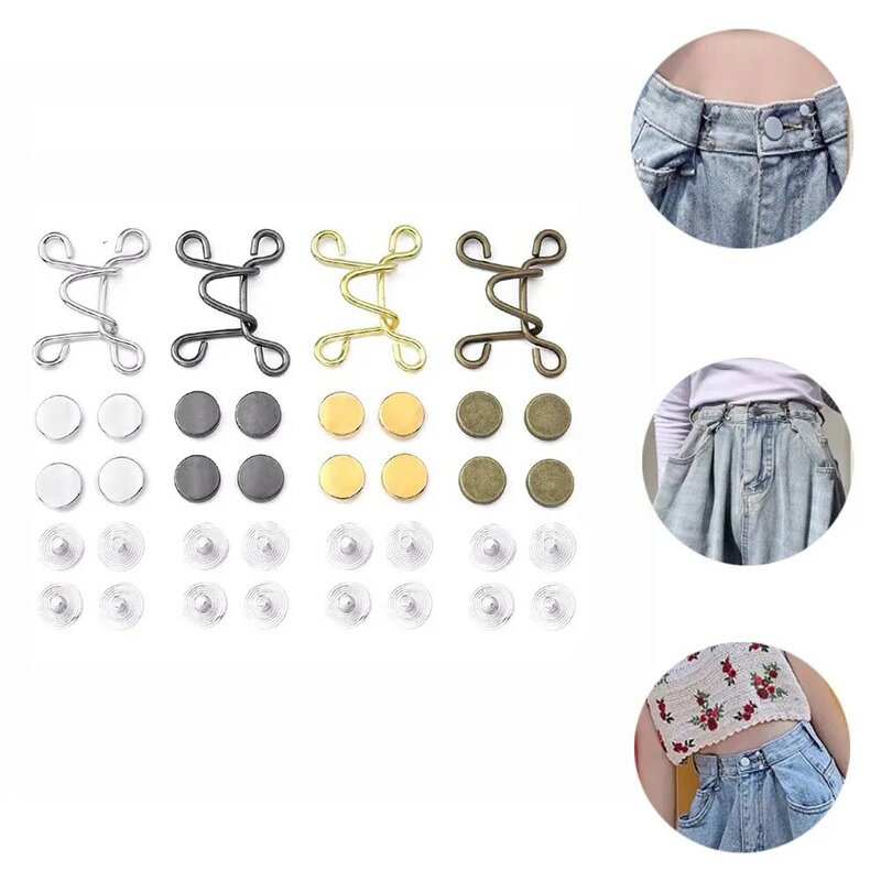 1 Sets Metal Jeans Waist Buckle Adjustable Nail-Free Snaps Fastener Button Detachable Waist Tightener Household Accessories 2024