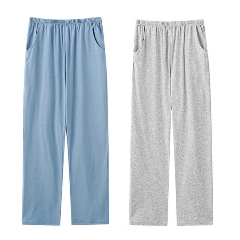 Men Relaxed Fit Lounge Trousers Men's Winter Pajama Pants with Elastic Mid Waist Solid Color Thin Pockets Wide for Comfortable