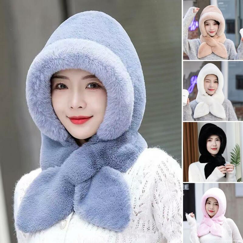 Headwear Scarf Women's Plush Lined Windproof Hat with Integrated Scarf for Cold Protection 3-in-1 Neck Ears for Motorcycle