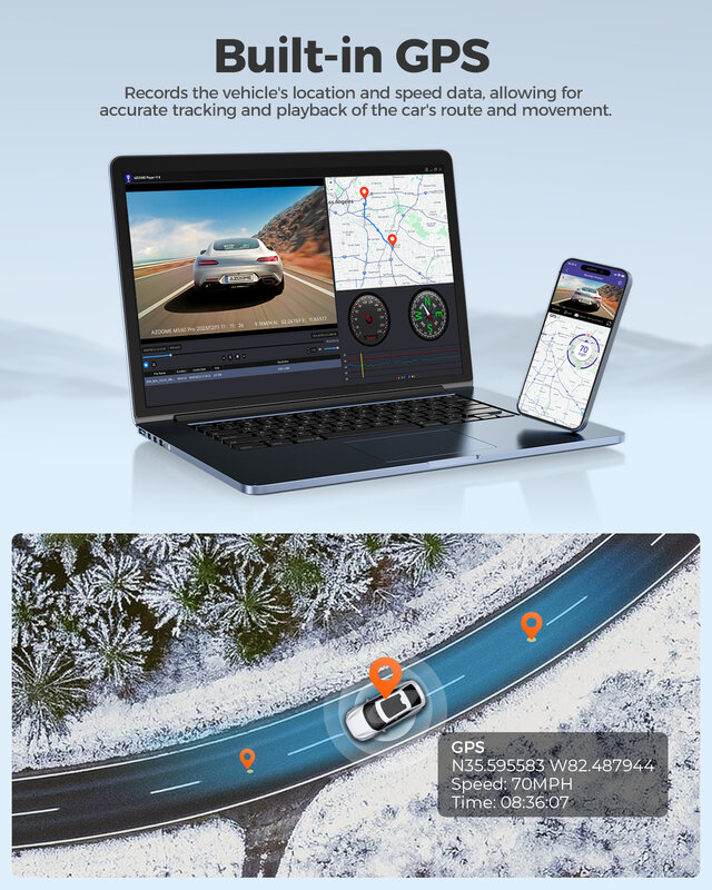 AZDOME 차량용 GPS 대시 캠, 전면 및 후면, 5.8G WiFi, 무료 64GB SD 카드, 음성 제어, WDR 야간 투시경, M300S 4K