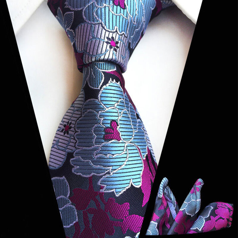Clássico Floral Tie Pocket Square Set, Lenço Gravata Azul, Moda Festa de Casamento, 2 Pcs Set, 8cm