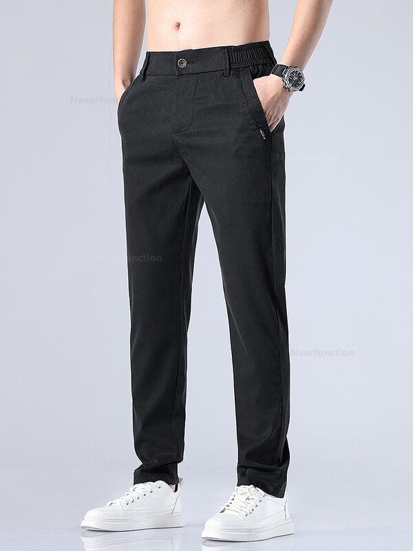 Męskie ultracienkie spodnie klasyczne letnie nowe Lyocell miękkie proste wąskie rozciągliwe modne męskie markowe spodnie odzieżowe czarny szary