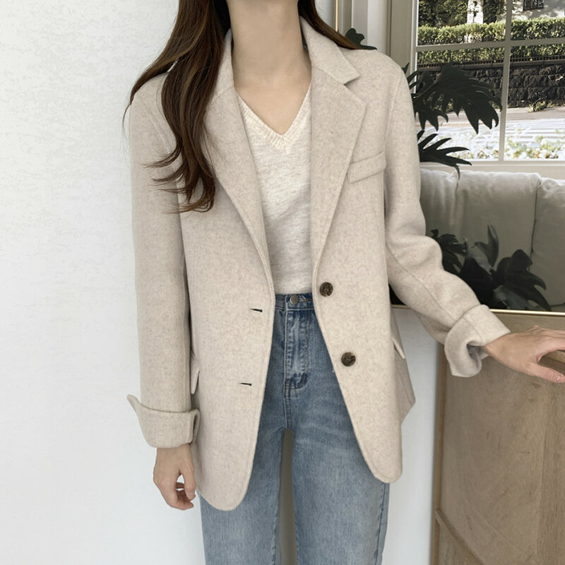 High-end Korea Style Chic Women's Suit Jacket 2023 Autumn and Winter Woolen Thickened Blazer Slimming Office Lady Solid Coat Top