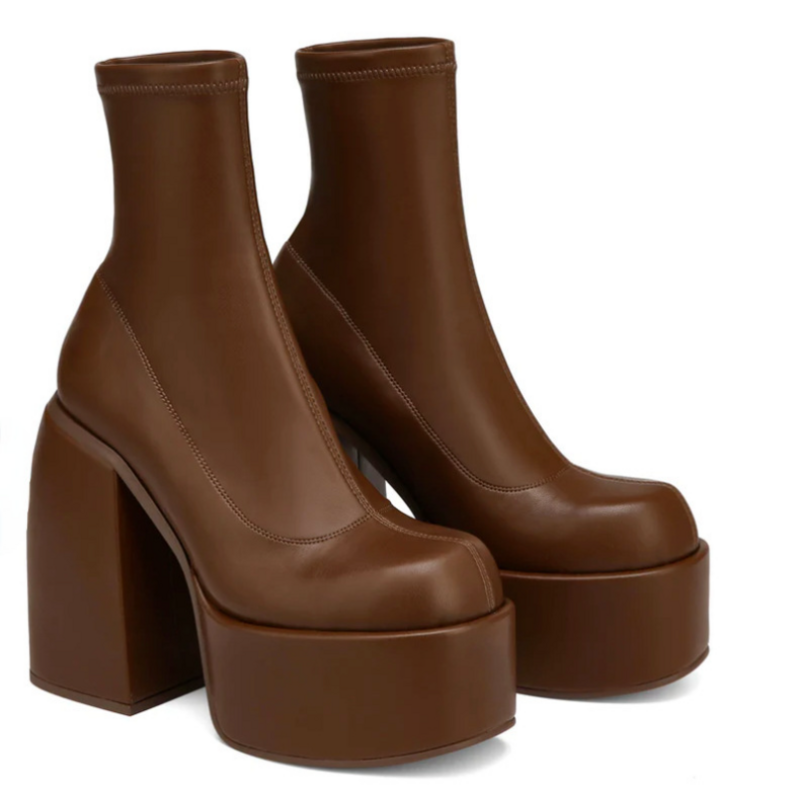 Botas modernas de plataforma para mujer, zapatos de cuero con punta redonda y tacón grueso, con cremallera, de diseñador, informales, a la moda
