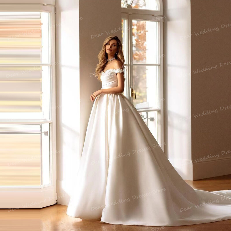 2024 Gorgeous Satin Wedding Dresses Sexy A Line Sleeveless Bridal Gowns Women's Backless Sweetheart Off Shoulder Formal Vestidos