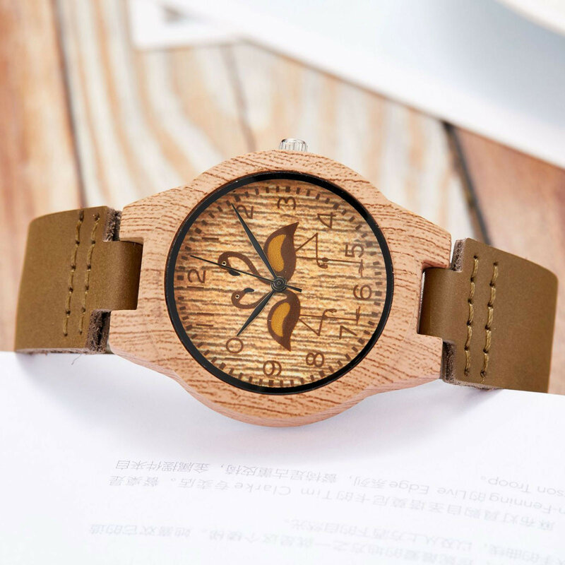 ساعة كوارتز جلدية مع قرص خشبي للنساء ، سوار ساعة ، يكشف عن جو مزاجك ، ساعة شخصية