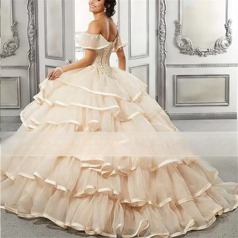 Elegant spaghetti strap Glitter Sweetheart Ball Gown Quinceanera Dresses Charming Off The Shoulder Applique Lace Vestidos De