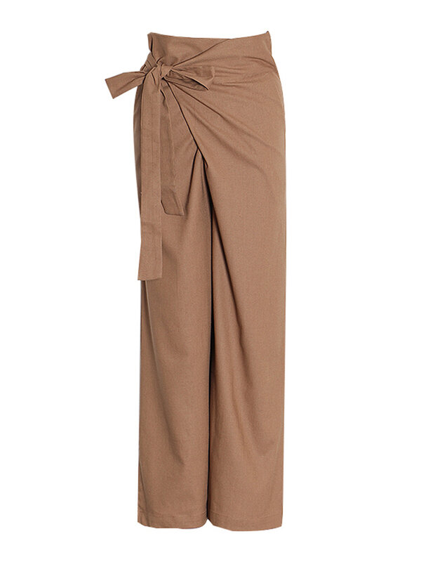 ROMISS asymetryczne zmarszczony, długi spodnie damskie z wysokim stanem patchworkowe kokardka jednolite, luźne szerokie nogawki damskie jesienne 2024