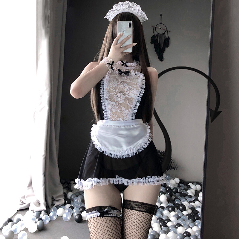 Japonés criada Sexy trajes de disfraces Cosplay mujer vestido transparente sexo Lencería para fiestas par SM AV atuendo de encaje