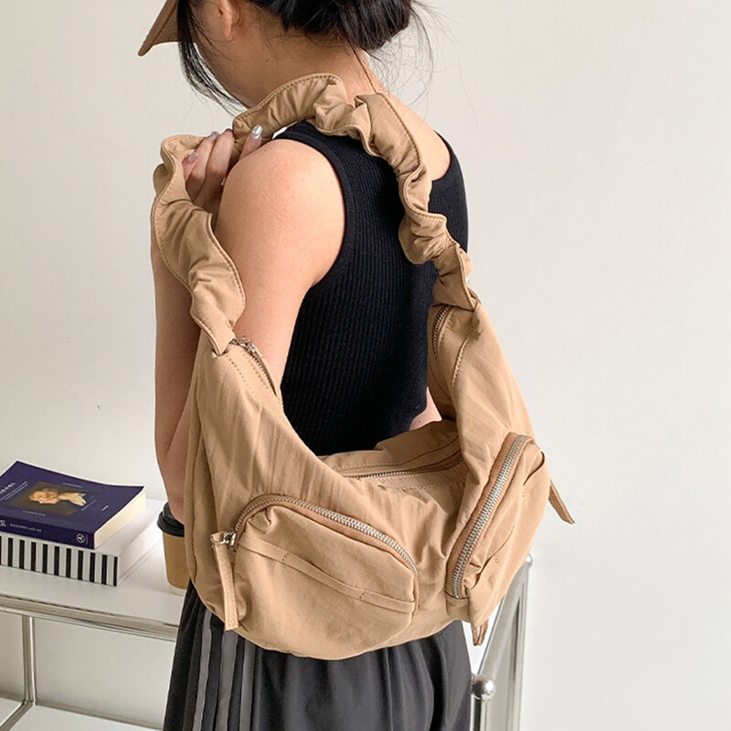 Повседневная Сумка-тоут с рюшами, мягкая нейлоновая Женская сумочка на плечо, сумки через плечо с несколькими карманами для женщин, клатч на шнурке с полумесяцем
