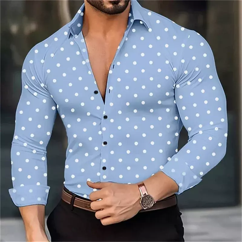 2024 baru kemeja berkancing untuk pria, kemeja lengan panjang kerah polka dot luar ruangan modis jalanan nyaman bersirkulasi pakaian atasan