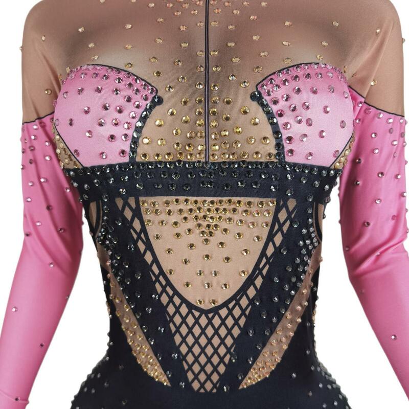 Sexy strass rosa tute donna discoteca stampa body cantante Costume festa di compleanno Pole Dance Drag Queen Stage Wear