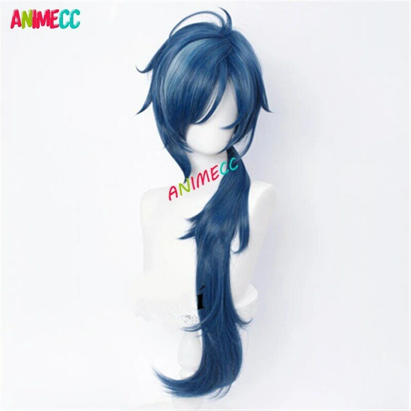 ANIEMCC Genshin Impact Kaeya Cosplay Wigs Men 80cm Long Ink-blue Wig Cosplay Costume Heat Resistant Synthetic Hair Anime Wigs