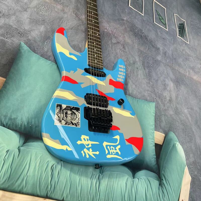Shenfeng gitar listrik dengan belahan 6 senar, bodi biru, papan jari rosewood, gaya nada rusak, foto pabrik pictu