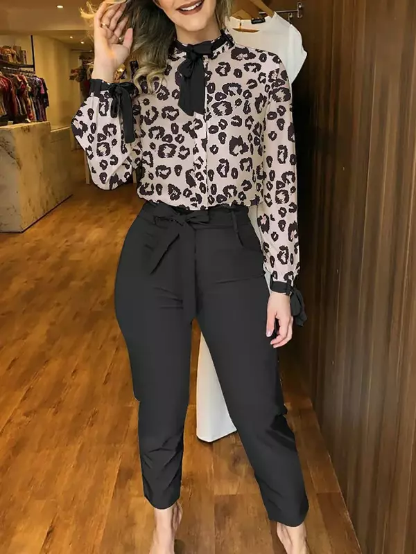 Wiązany top i spodnie z nadrukiem w kropki Casualowe damskie zestawy dwuczęściowe Stroje Letnia odzież robocza do biura