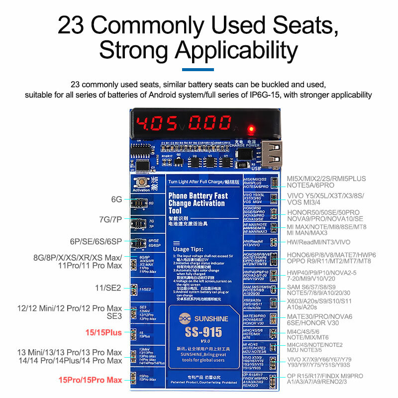 SUNSHINE SS-915-Placa de activación de carga rápida, accesorio de prueba para iPhone y Android, batería Universal 7,0