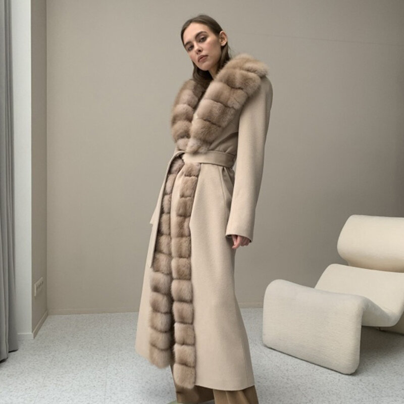女性のためのカシミヤウールのコート,冬の毛皮のコート,自然なキツネの毛皮,豪華な,冬の毛皮
