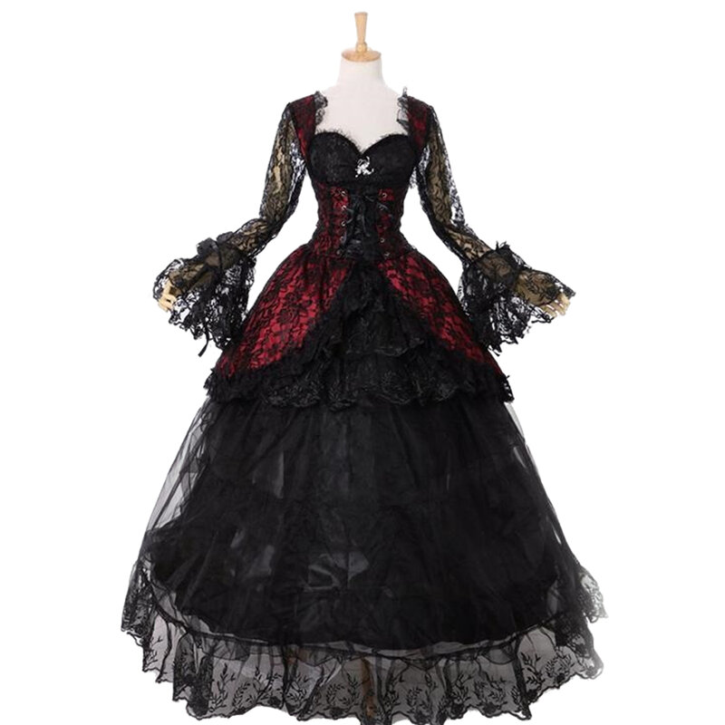 Gotycka wiktoriańska suknia ślubna rokokowa maskarada ślubna długi, rozszerzony rękaw kochanie czarne suknie z okresu Schwarz dla kobiet