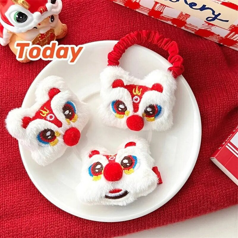 Embroidery Children Red Hairpin Hair Rope Lion Dance Chinese New Year Headwear Cloth Girl Hair Accessories
