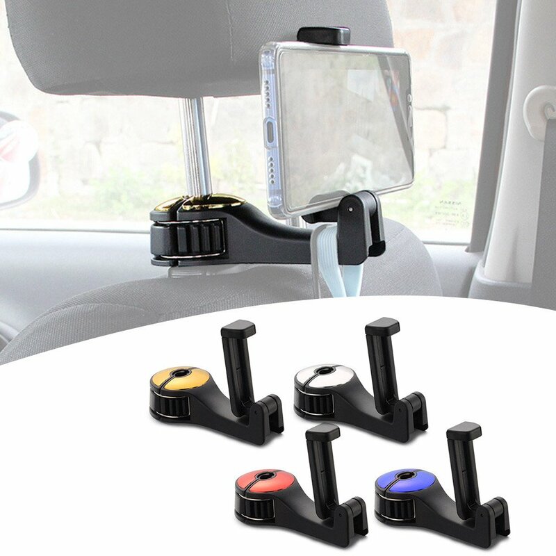 Car Hooks Car Seat Back Hooks with Phone Holder Universal Vehicle Car Headrest Hooks Hanger with Lock and Phone Grocery