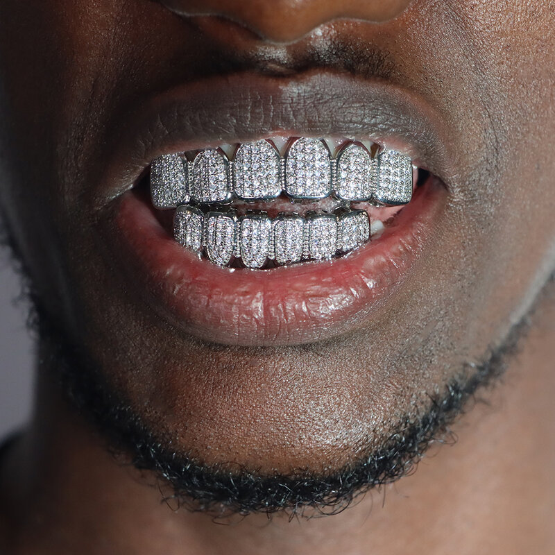 Iced Out-Grillz de dientes de circón de cristal brillante, tapas de parrillas de dientes pavimentadas de circonita cúbica, parte superior inferior, conjunto de fiesta, joyería de Hip Hop, Unisex