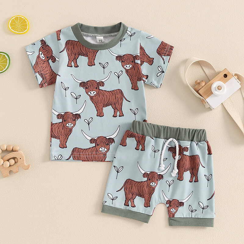 Lioraitiin-Conjunto de ropa de verano para niños y niñas, camisetas de manga corta con estampado de vaca occidental, Tops y pantalones cortos, 2 piezas, 2024-04-03