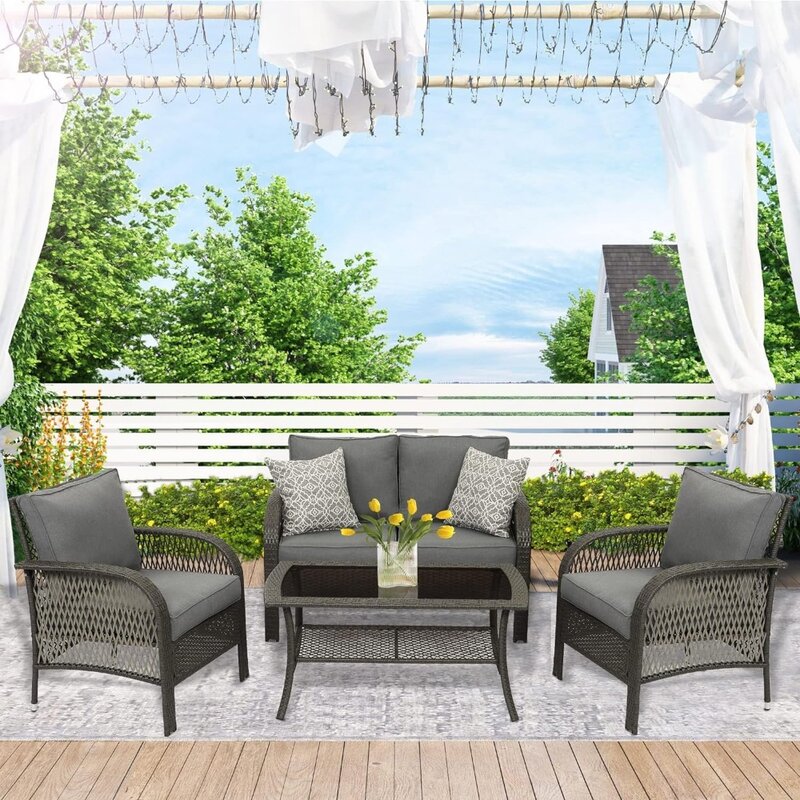 All Weather Contemporary Grey Rattan Chair Sofa Conversation Sets 4 Pieces Patio Bistro Set With Coffee Table and Thick Cushions