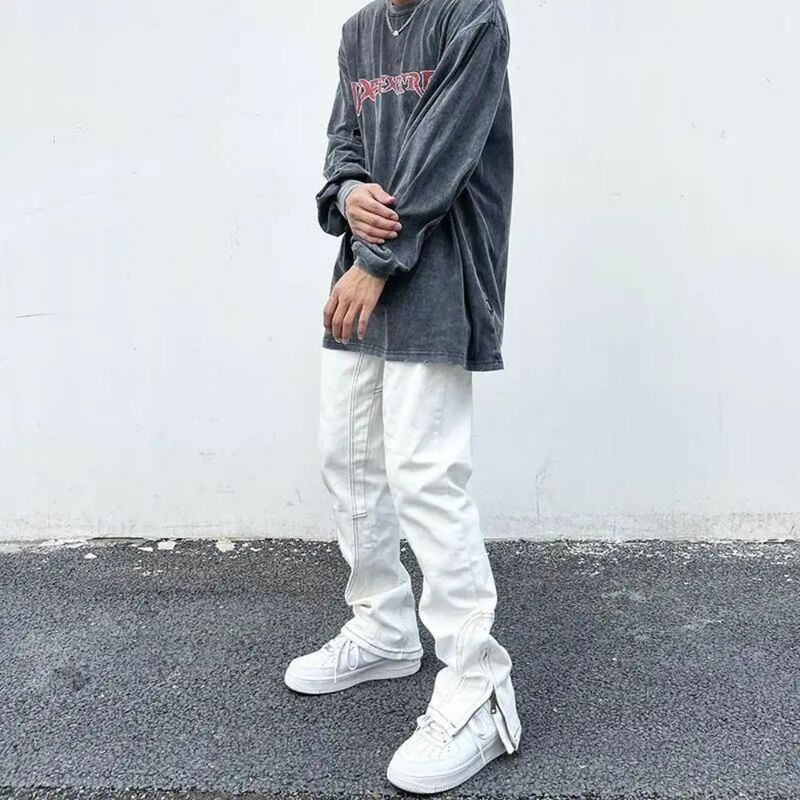 Джинсы мужские с боковой молнией, Свободные повседневные брюки из денима в стиле хип-хоп, винтажные штаны с широкими штанинами, белые
