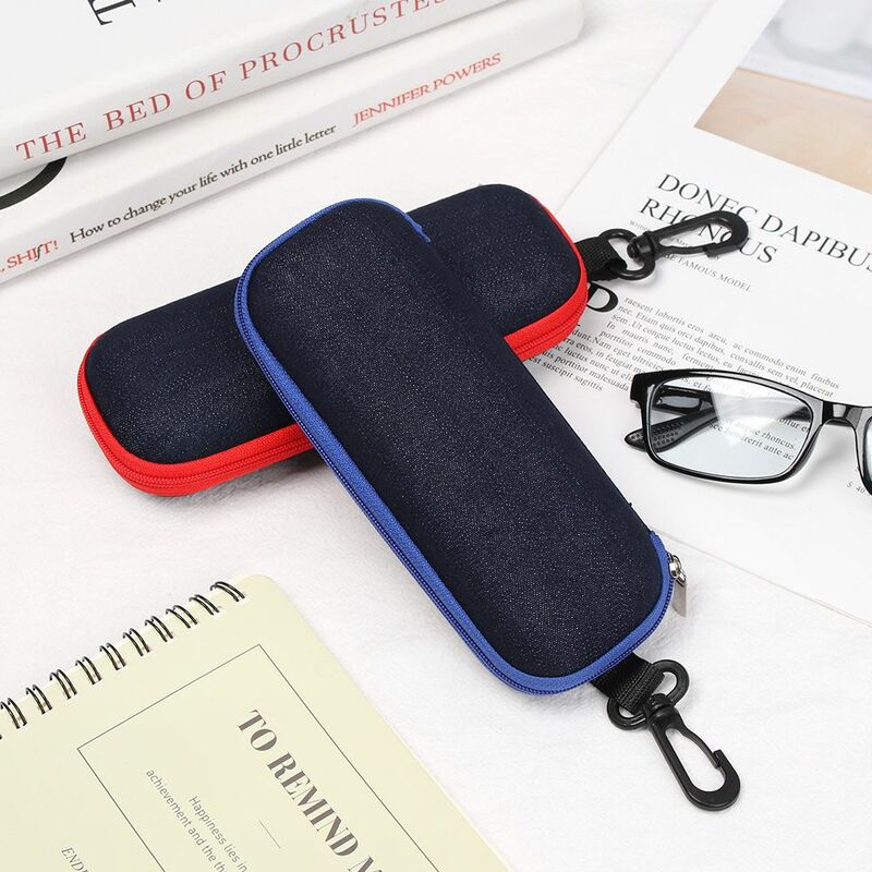 1 buah casing kacamata portabel sampul kain Denim casing keras untuk wanita pria kotak kacamata ritsleting casing pelindung kacamata