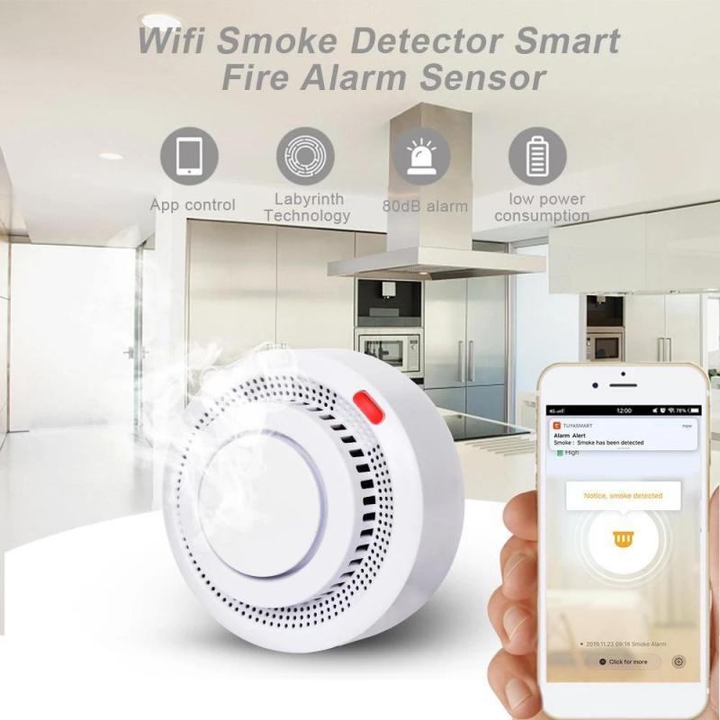Tuya-Detector de humo WIFI, Sensor de alarma de protección contra incendios, funciona con batería inalámbrica independiente, alerta de empuje de vida inteligente, seguridad del hogar
