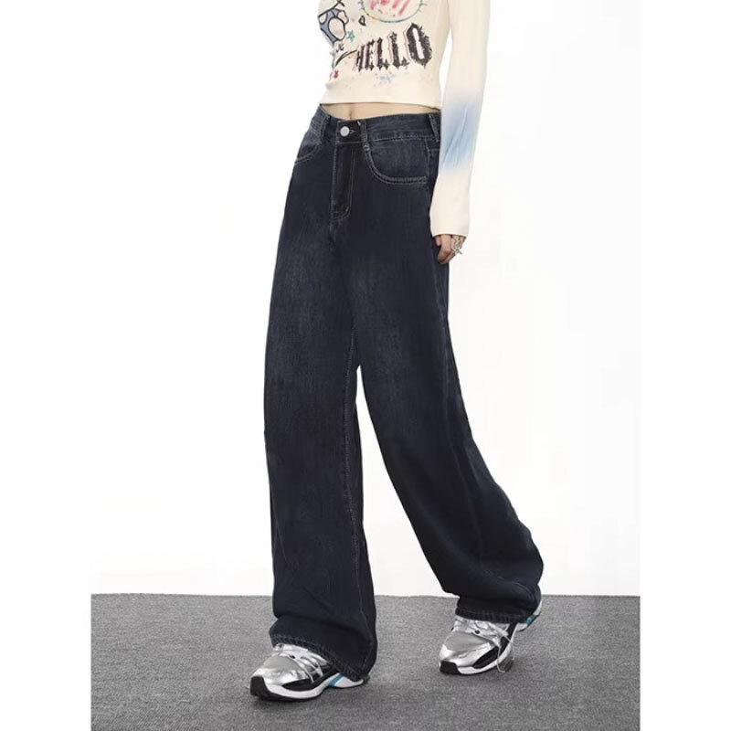 Chique Vintage Wasjeans Voor Dames Blauwe Streetwear Jeans Met Hoge Taille En Rechte Pijpen Comfortabele Denim Broek Voor Dames