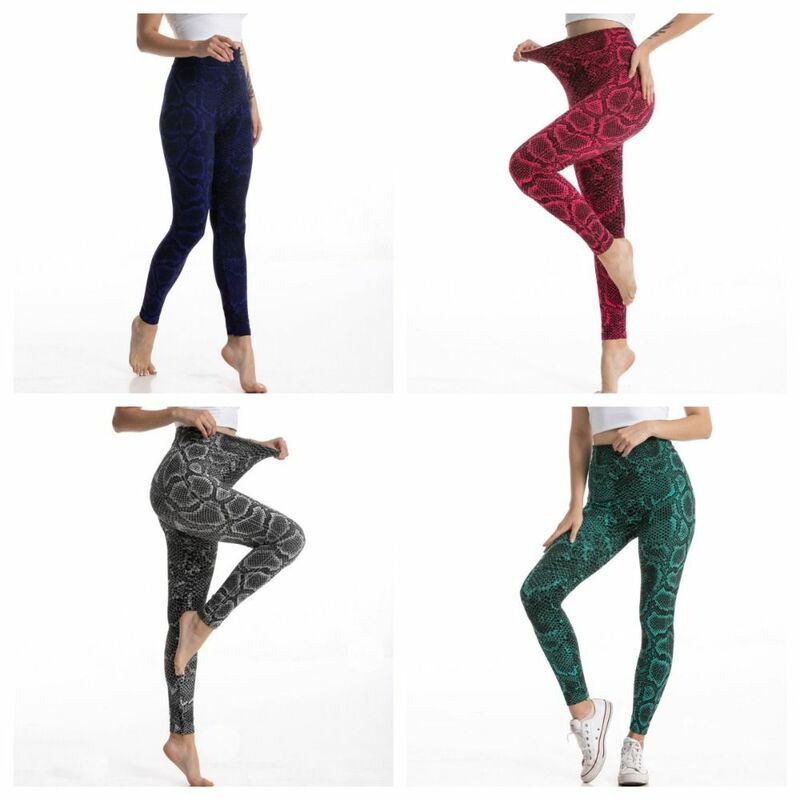 Yoga calça feminina de cintura alta elástica, leggings esportivos estampa cobra, roupa esportiva de ginástica, moda