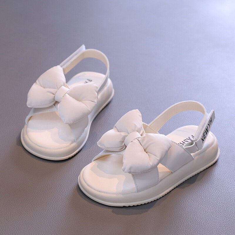 Summer Kids Sandals for Girls Luxury Big Bowtie Princess Causal Open-toe Sandals Fashion Children School Beach Shoes Hook Loop