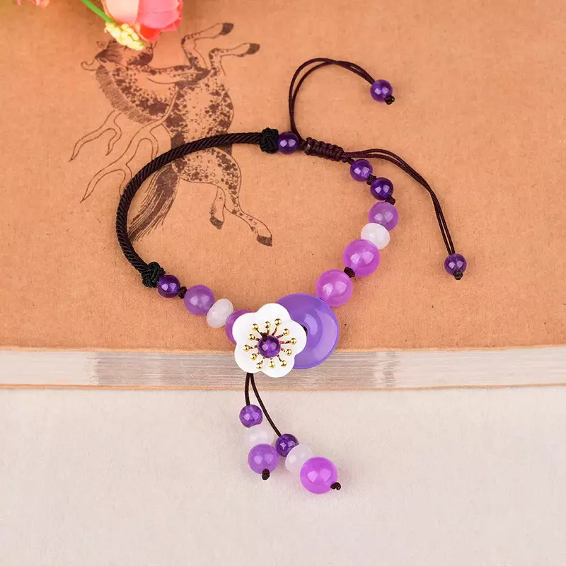 Нефритовый камень жадеит Изумрудный цветок ножные браслеты очаровательные ювелирные изделия Модные аксессуары Китайский резной амулет Подарки для женщин мужчин Фиолетовый