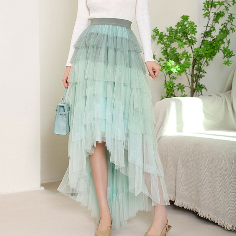 Aesthetic Contrast Tiered Tulle Maxi Skirt Women 2024 New Korean Fashion Irregular Hem High Waist Long Skirt Female