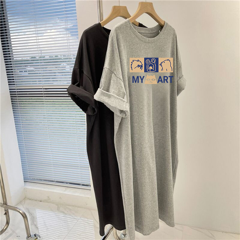 Women Clothing Casual Loose Knee Length Tunic, O-neck Pullovers Straight Dress, Summer Cartoon Printed Short Sleeve Dresses