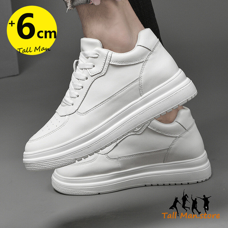 Sepatu kets putih penambah tinggi pria, sepatu tumit wanita pengangkat 6cm dapat disesuaikan ukuran besar 36-44