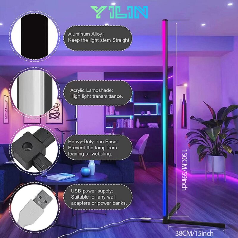 Lâmpada de assoalho LED RGB inteligente com controle remoto, luz de humor, 16 milhões de mudanças de cores, APP e controle remoto, cor de sonho