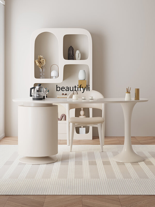 Helles Licht Steinplatte Tisch-Stuhl Set Büro einfache moderne Licht Luxus hochwertige Creme Stil Tee tisch Wasserkocher integriert