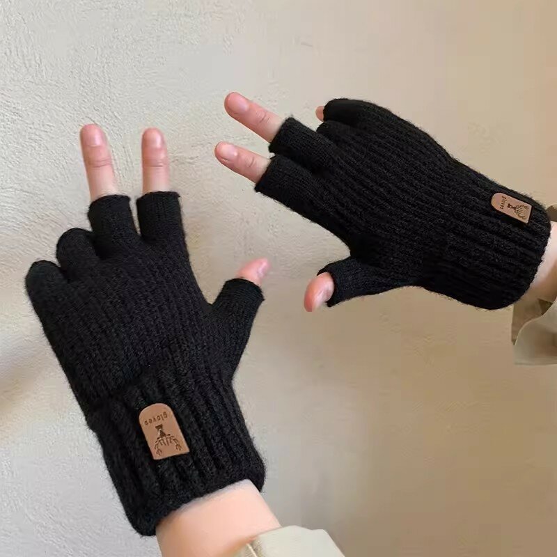 Unisex Winter Writting Office Half Finger Gloves Men Women Cashmere Knitted Thick Thermal Fingerless Gloves Warm Driving Mittens