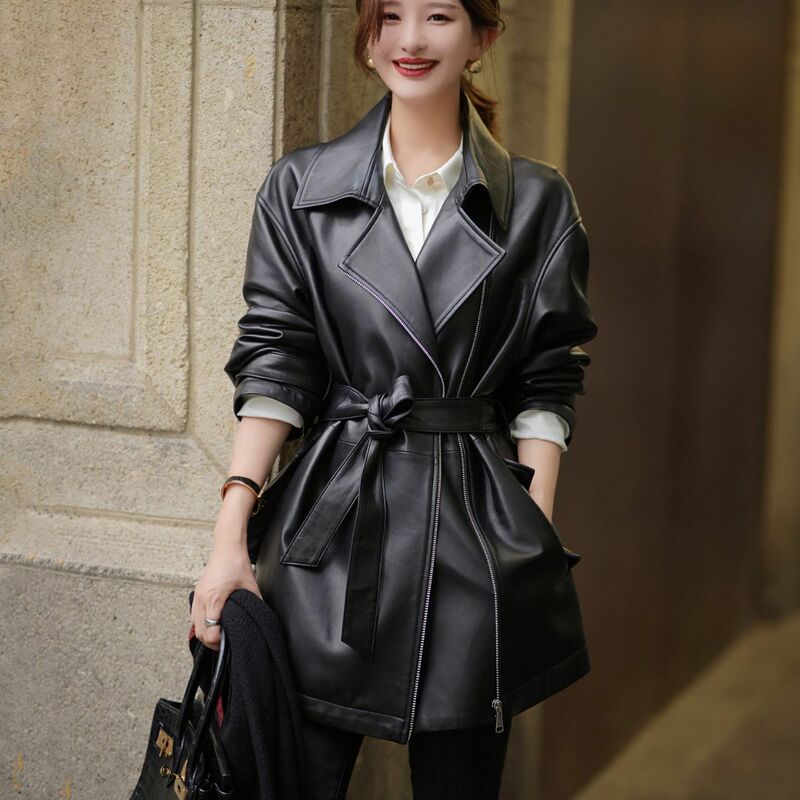 Women's Mid Length Leather Coat, Suit Collar, Sheepskin Trench, Autumn and Winter Coat, Loose Silhouette, Genuine Coat