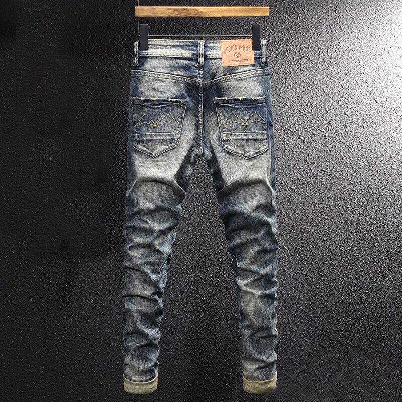 Projektant mody męskie jeansy Retro czarny niebieski elastyczny Slim Fit porwane jeansy męskie spodnie Vintage Casual Stretch spodnie dżinsowe Hombre