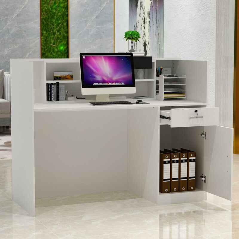 مكتب كمبيوتر خشبي مع درج قابل للقفل وخزانة باب واحد ، طاولة استقبال ، أبيض وأسود ، مكتب