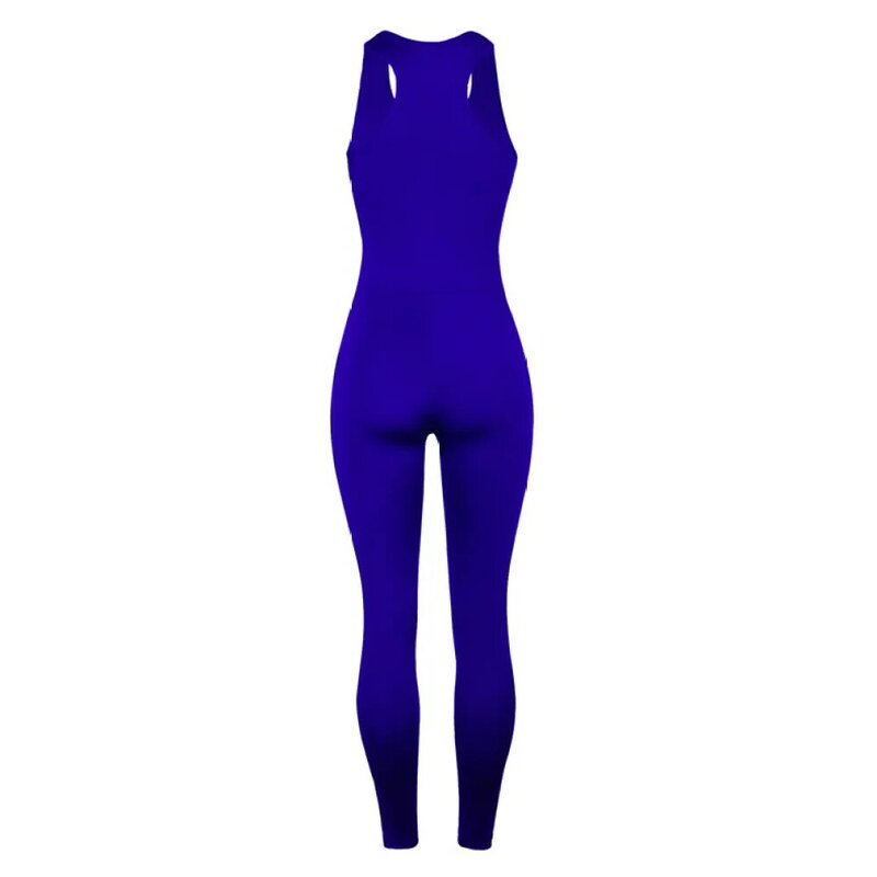 Sexy Slim Fit Jumpsuit Summer Women's Casual Streetwear Style Solid Color Racer Back Splice Sleeveless Round Neck Tight Pants