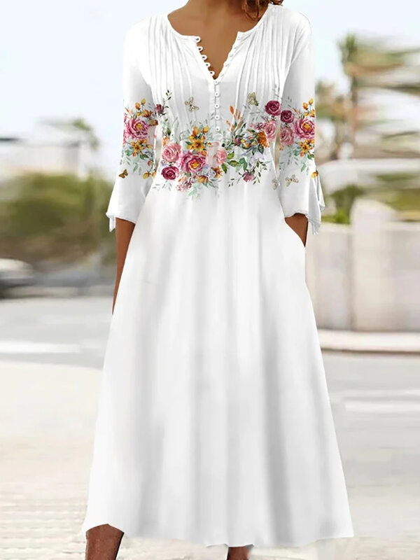 패치워크 꽃 인쇄 포켓 드레스, 여성 캐주얼 스트리트웨어, 긴 드레스, 팜므 V넥 소매 빈티지 드레스, 여름