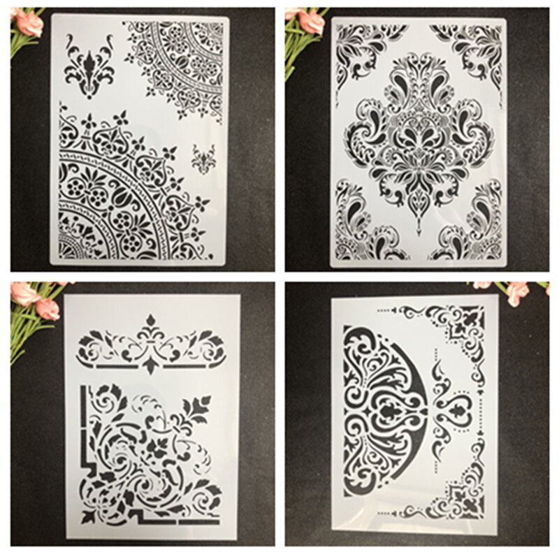 4 Stuks Diy Craft Meubilair Brief Plant Mandala Stencil Voor Schilderen Op Hout, Stof, wall Art Scrapbooking Stempelen Album Embossing